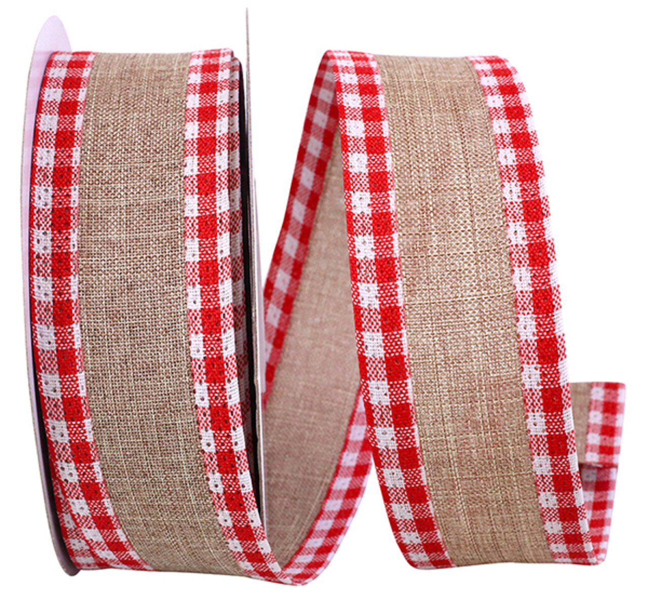 Christmas Linen Gingham Check Wired Edge Ribbon - 1 ½ inch x 10 yards - Natural / Red